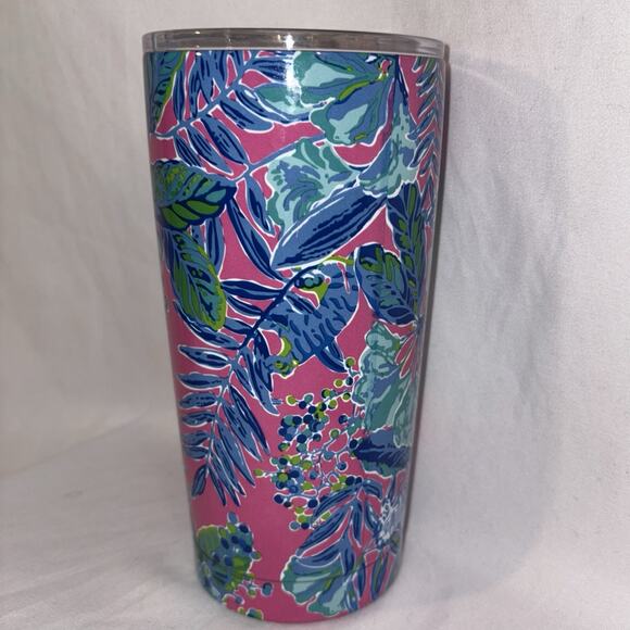 Lilly Pulitzer Pink Green Floral Ceramic Tumbler Gold Lid Coffee Travel Mug Cup - Picture 3 of 6